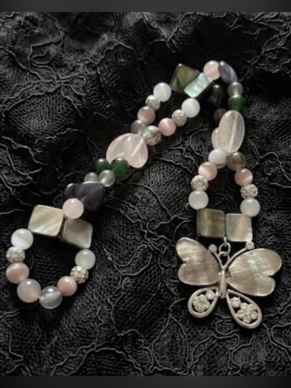 Mystical Mirrors HangCharm (Rose Quartz, Black Iridescent Shell, Canadian Jade)